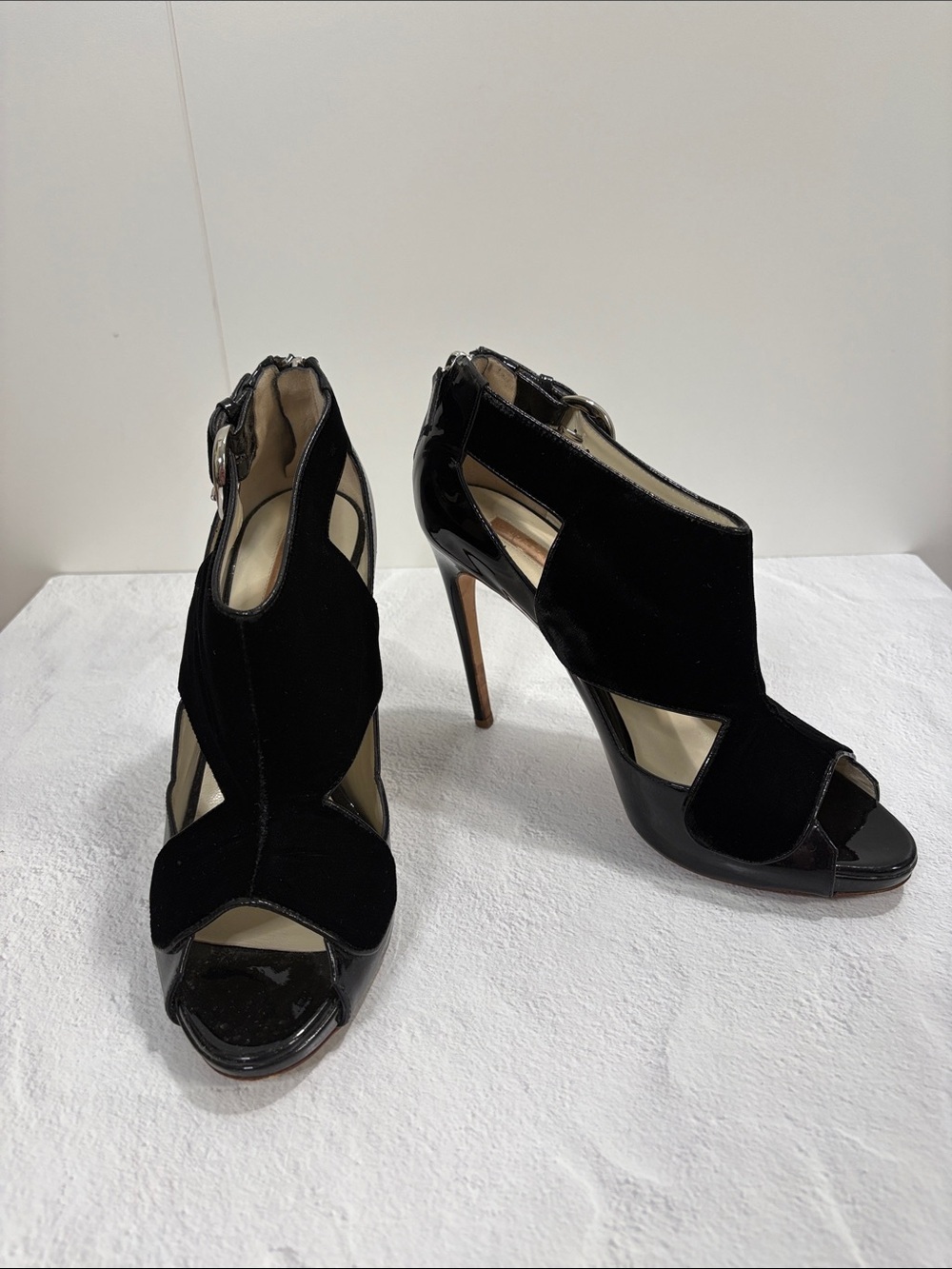 Black Velvet & Patent Leather Cutout High Heel Sandals 10.5